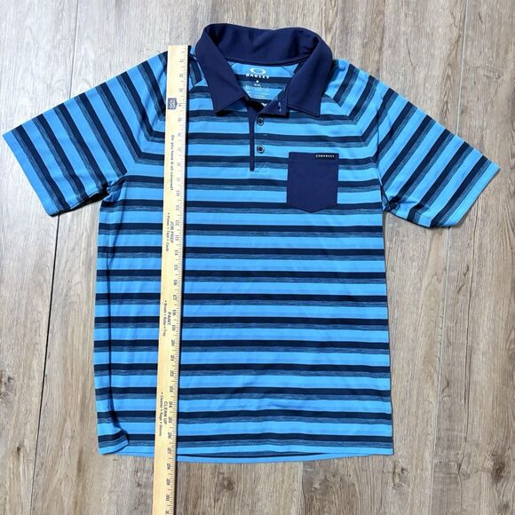 Oakley Polo Shirt Mens Medium Blue Striped HYDROLIX Performance Golf Regular Fit - Picture 4 of 8